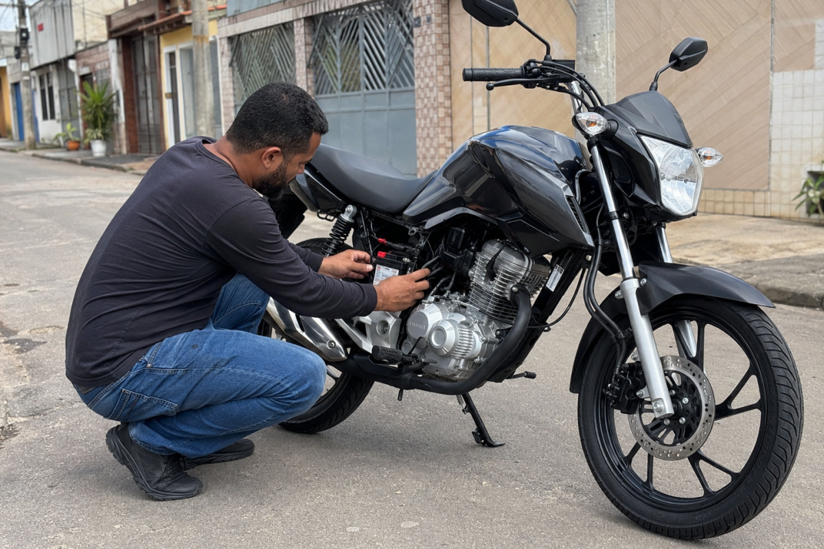 motociclista verificando bateria de moto com sinais de desgaste